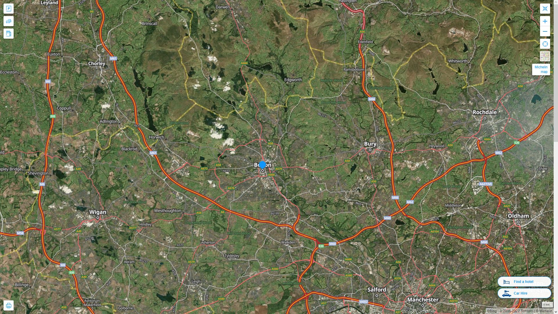 Bolton Highway and Road Map with Satellite View